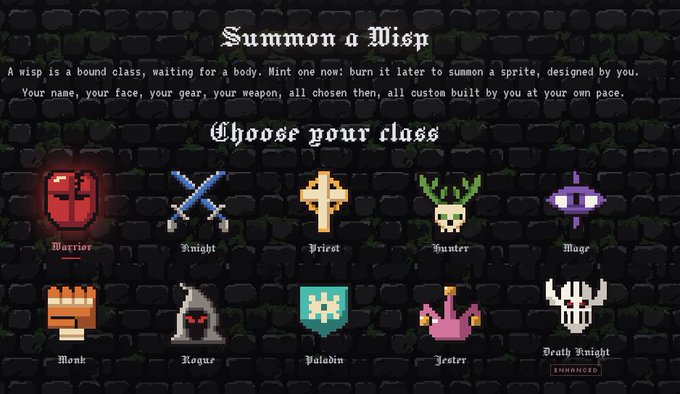 A 'Summon a Wisp' NFT mint page with pixel art class options like Warrior, Knight, Priest, Hunter, Mage, Monk, Rogue, Paladin, Jester, and Death Knight.