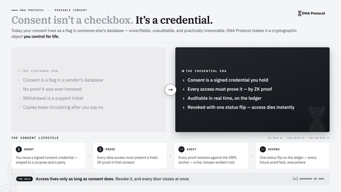 A DNA Protocol webpage titled 'Consent isn't a checkbox. It's a credential,' comparing 'The Checkbox Era' vs 'The Credential Era' and outlining a consent lifecycle of Grant, Prove, Audit, and Revoke.