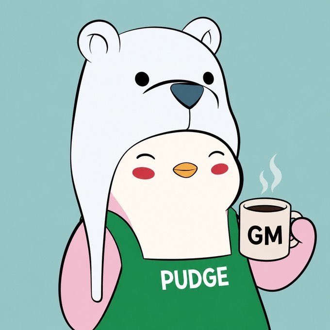 A cartoon illustration of a white bear wearing a polar bear hat hugging a penguin in a green shirt labeled 'PUDGE' who is holding a steaming 'GM' coffee mug.