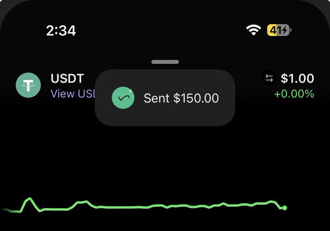 A smartphone lock screen showing the time 2:34, a USDT notification, and a system confirmation pop-up reading 'Sent $150.00'.