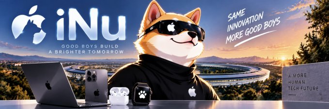 A promotional banner featuring a Shiba Inu dog wearing Apple-branded sunglasses, standing behind a display of Apple products, with the text 'iNu - GOOD BOYS BUILD A BRIGHTER TOMORROW' and 'SAME INNOVATION MORE GOOD BOYS'.