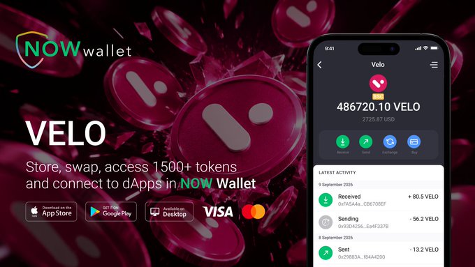 An advertisement for 'NOW Wallet' featuring the VELO token, showing a smartphone displaying a balance of 486720.10 VELO ($272.87 USD) with app store and Google Play download options.