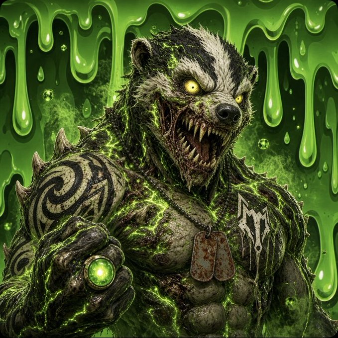 Digital art of a snarling, monstrous badger-like creature with glowing green veins and yellow eyes, holding a glowing green orb against a dripping green slime background.