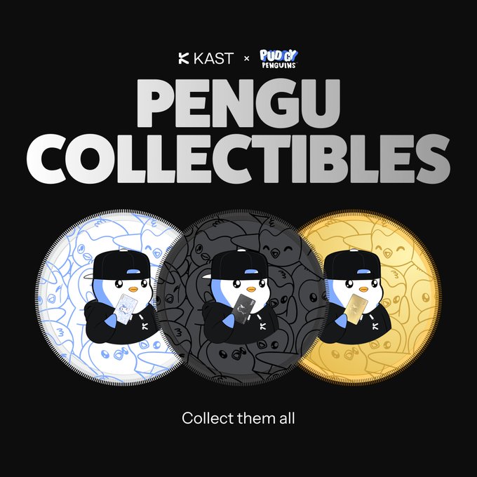 The image features a poster with three penguin characters wearing black, white, and gold outfits, each holding an item such as a cell phone or a book. The text on the poster reads "Penguin Collectibles" and "Collect them all". This suggests that there is some sort of collectible item being advertised, possibly related to penguins or other themes. The poster also mentions that Kast offers something distinct from the current market in terms of how they handle peer-to-peer connections for content streaming.