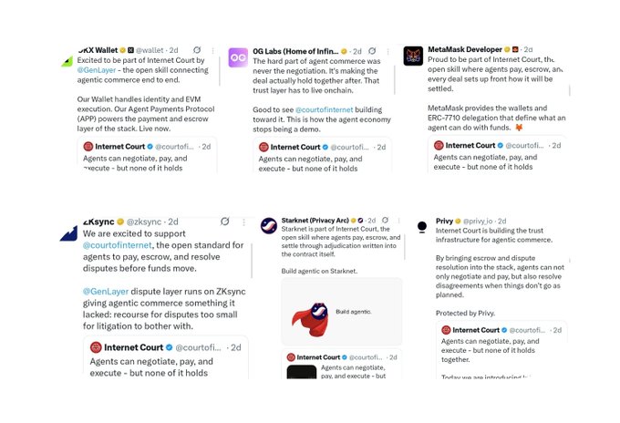 A collection of tweets from various cryptocurrency projects and influencers (including e/IX Wallet, 0G Labs, MetaMask Developer, zkSync, Starknet, and Privy) discussing the Internet Court protocol and agentic commerce.