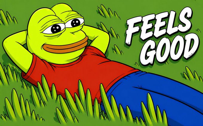 A cartoon illustration of the Pepe the Frog character lying back in grass with hands behind his head, wearing a red shirt and blue pants, accompanied by the text 'FEELS GOOD'.