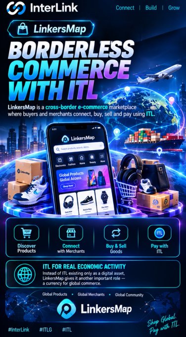 An advertisement for 'InterLink LinkersMap' promoting 'BORDERLESS COMMERCE WITH ITL', featuring a smartphone mockup, sneakers, headphones, and icons for discovering products, connecting, and buying/selling.