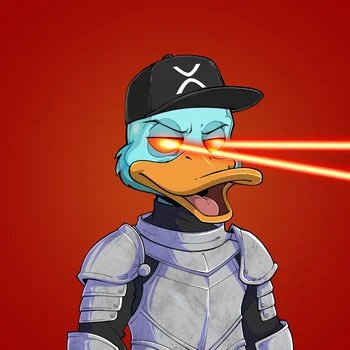 An illustration depicts a duck-headed character in knight armor wearing a black cap with a white symbol, shooting red laser beams from its eyes against a red background.