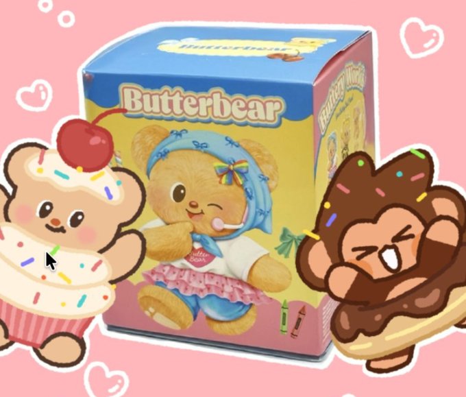 A product box for a 'Butterbear' coloring set featuring a cute bear character in blue and pink, flanked by cartoon stickers of a bear-themed cupcake and a chocolate bear.