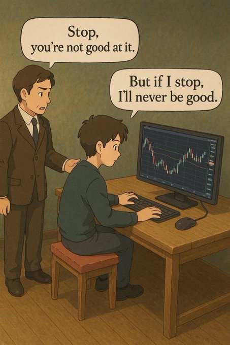 An illustration showing a man in a suit standing behind a seated boy at a computer displaying a stock chart, with speech bubbles reading 'Stop, you're not good at it.' and 'But if I stop, I'll never be good.'