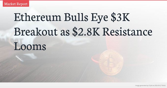 A market report graphic titled 'Ethereum Bulls Eye $3K Breakout as $2.8K Resistance Looms' featuring a Bitcoin coin, bull figurine, and piggy bank in the background.