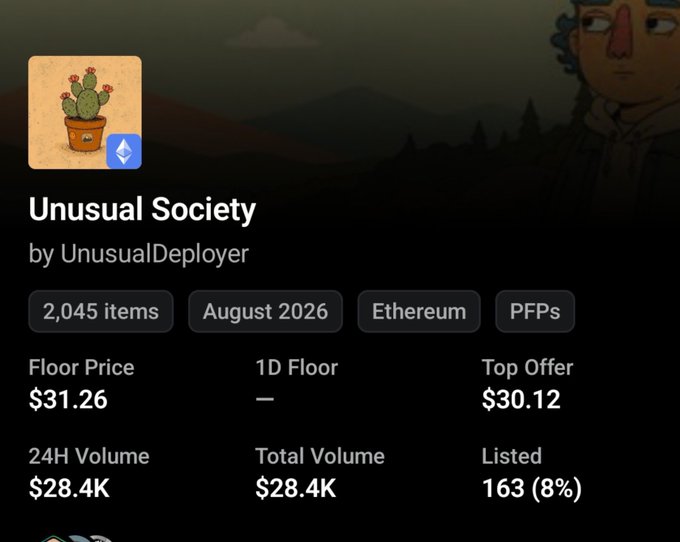 An NFT collection page on OpenSea displays "Unusual Society" by UnusualDeployer, featuring 2,045 items on Ethereum with a floor price of $31.26, top offer of $30.12, and 24H volume of $28.4K, supporting the post's claim of strong trading activity during the GTD (Guaranteed Token Distribution) phase.