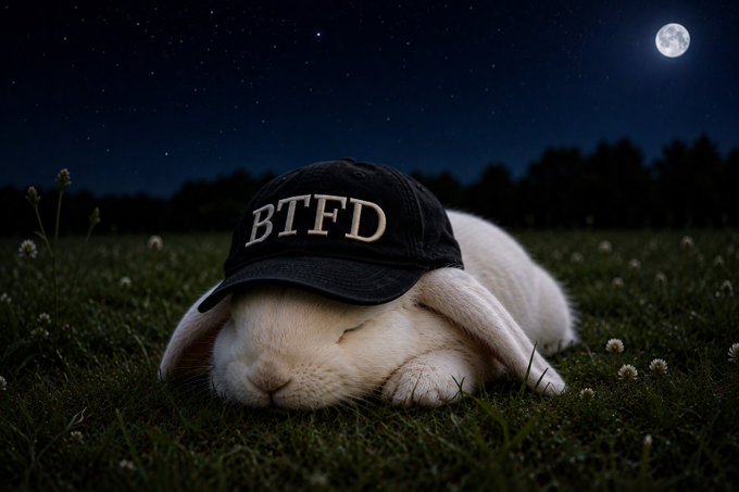 A photograph of a white rabbit sleeping in grass at night under a full moon and starry sky, wearing a black baseball cap with the letters 'BTFD'.