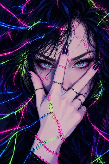 A vibrant digital illustration of a pale-skinned character with messy dark hair and piercing green eyes, partially hiding their face with a hand adorned with black nail polish and rings, surrounded by glowing neon pink, green, and blue thorny vines.