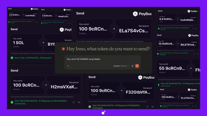 A stylized PayBox promotional graphic displays multiple "Send" transaction screens showing transfers of 100 9gRCn9... tokens on the Solana network to various recipients, with a central pop-up reading "Hey Inno, what token do you want to send?" and a message stating "Hey, send 100 $ANSEM using PayBox." The collage of transaction screenshots visually reinforces the tweet's claim of sending large quantities of $ANSEM tokens to multiple followers via MoonPay PayBox, highlighting the platform's broadcasting send feature.