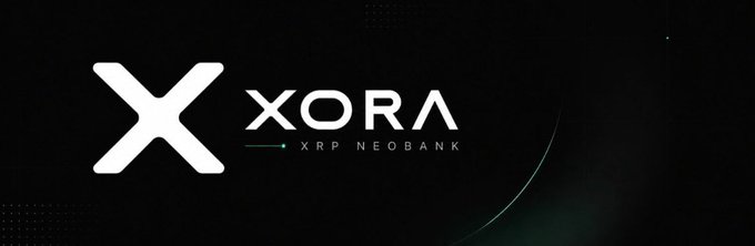 A black banner featuring a white X logo alongside the text 'XORA' and 'XRP NEOBANK'.