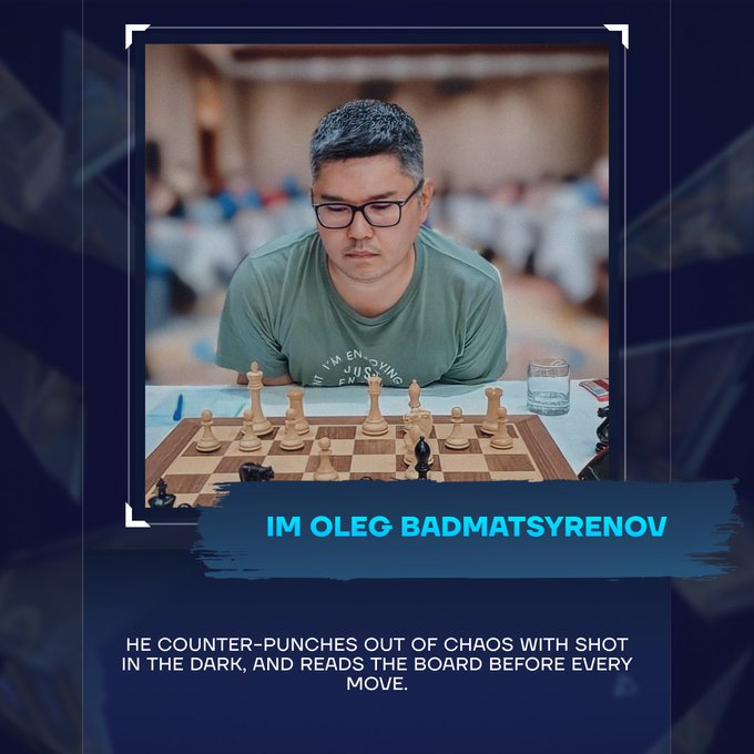 The image features an advertisement for a chess tournament. The main subject of the image is a man sitting at a chessboard, playing against another player. He appears to be wearing glasses and has grey hair. The background shows a blue wall with white text that reads "IM OLEG BADMATSYRNOV". The post also mentions that the community champion just won the Magnus Cup, which is an achievement in itself. It seems like the image is promoting a chess tournament or event where players can showcase their skills and compete against each other for recognition and prizes.