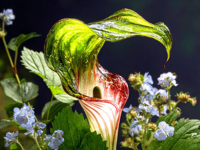 A glossy, flame-shaped Jack-in-the-pulpit flower blooms among delicate light-blue wildflowers against a dark backdrop. The image's organic, twisting form complements the post's announcement of a new artistic project unveiling 21 unique pieces.