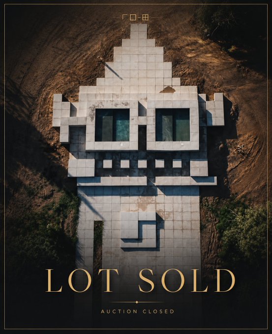 An aerial view of a pixel-art skull mosaic constructed from white tiles on dirt ground, with 'LOT SOLD AUCTION CLOSED' text at the bottom.