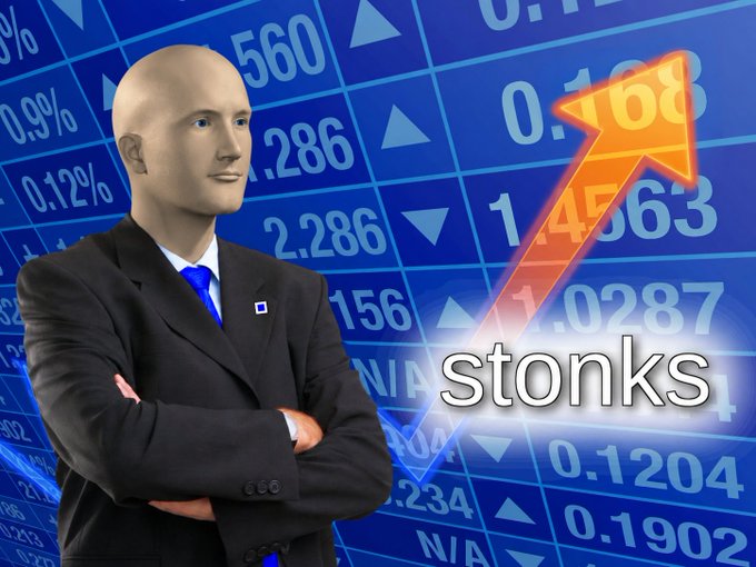 A bald man in a dark suit stands with arms crossed in front of a stock market board showing various numerical figures, with an orange upward arrow and the word "stonks" prominently displayed next to him. The image humorously illustrates the meme referencing gains on the Base blockchain platform.