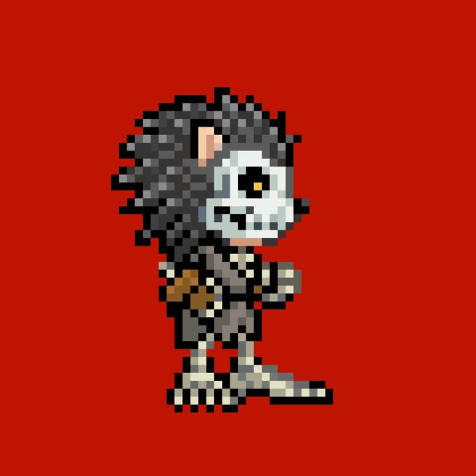 A pixel art sprite of a skeleton-like character with long black hair, wearing a brown coat, stands against a solid red background.