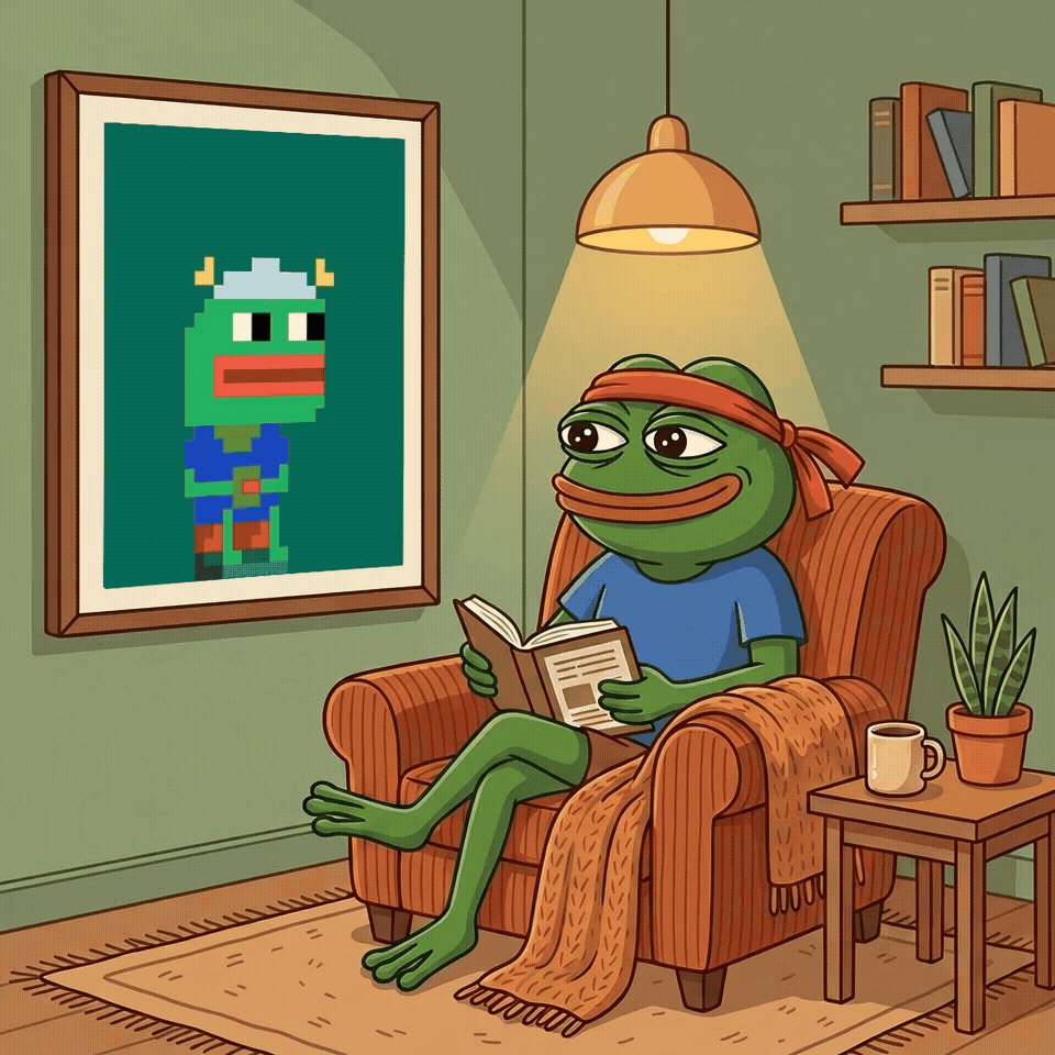 The image features a cartoon frog sitting comfortably in an armchair with its legs crossed. The frog appears to be reading a book or magazine, which is placed on its lap. A potted plant can also be seen nearby, adding some greenery to the scene. In the background, there are several books arranged on shelves, suggesting that this cozy setting might be a living room or a reading area within someone's home. The image seems to be related to the post "Gn faam Sweeet dreamzzz, legendzzz Relaaax and let HODL work for you while you sleep", which could possibly be an advertisement promoting a product or service that helps people relax and unwind during their leisure time.