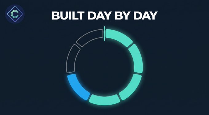 A graphic with the text 'BUILT DAY BY DAY' above a circular progress indicator made of segmented teal, blue, and gray arcs on a dark background.