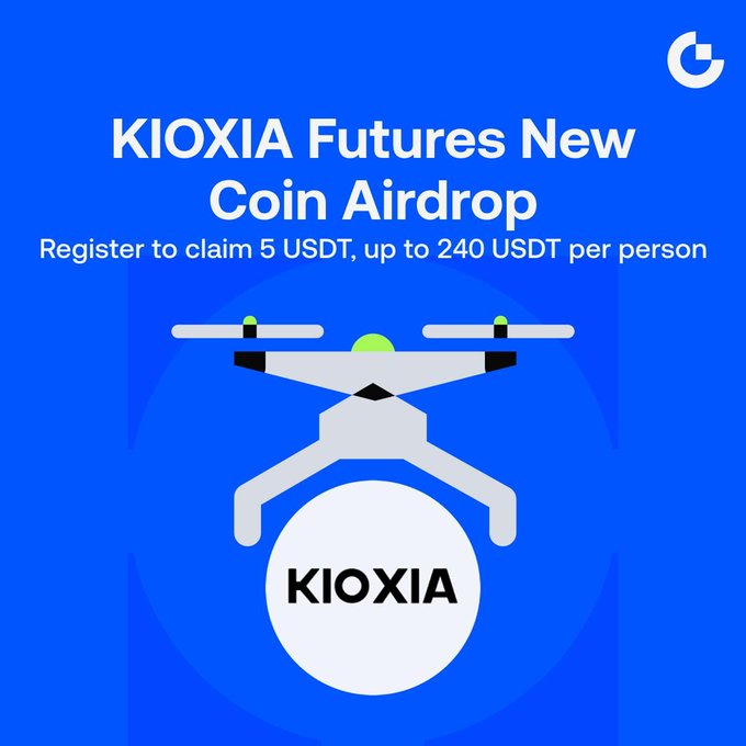 A blue promotional graphic for the "KIOXIA Futures New Coin Airdrop" featuring an illustration of a white drone carrying a coin labeled "KIOXIA," with text inviting users to "Register to claim 5 USDT, up to 240 USDT per person." The image visually reinforces the airdrop announcement by combining the drone imagery with the KIOXIA token, highlighting the reward structure and prize pool promotion described in the post.