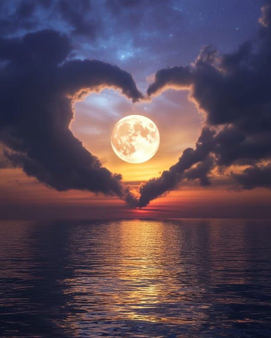 A large, luminous full moon hangs in a starry twilight sky, framed perfectly by two dark cloud formations shaped like a heart over a calm ocean reflecting golden light on the horizon.