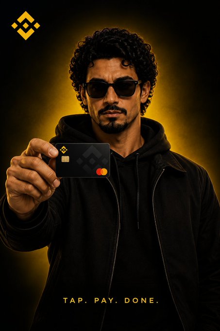 An advertisement for a crypto card showing a man in sunglasses and a black jacket holding up a black card with the Binance logo, accompanied by the text "TAP. PAY. DONE."