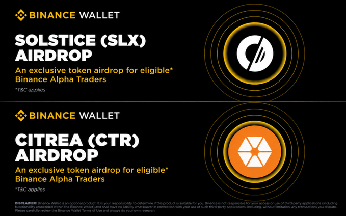 A black and yellow advertisement for Bitcoin Wallet features two logos, "SOLITICE" and "AIRDROP", accompanied by text promoting the exchange of Bitcoins for fiat currency or other digital assets.