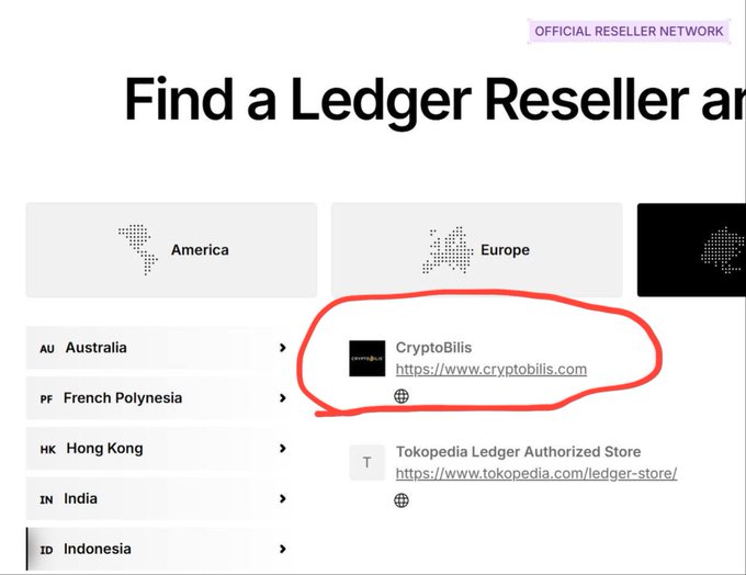 A Ledger Reseller network webpage with 'CryptoBilis' circled in red under the Europe region section.