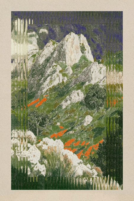 A textured digital artwork shows a mountain landscape with green slopes, white rocky peaks, orange flowers, and white blossoms, with vertical distortion effects giving it a glitchy appearance.