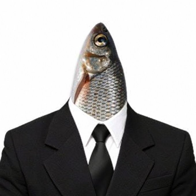 A surreal image of a businessman's body wearing a black suit and tie, but with a whole fish replacing the human head.