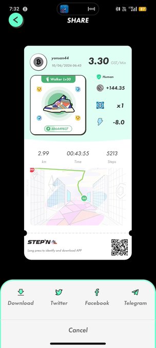 The image shows a phone screen displaying a fitness app with a map of the user's location, along with various icons representing different social media platforms such as Twitter, Facebook, and Telegram. The app also has a feature that allows users to share their workout progress on these platforms.