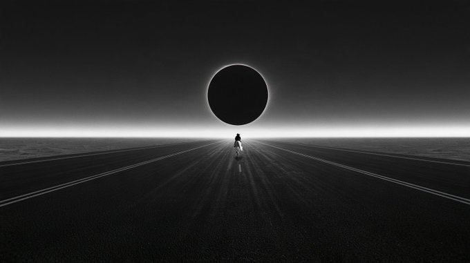 A surreal black-and-white image of a lone figure walking on a road toward a large dark circle resembling an eclipse on the horizon.