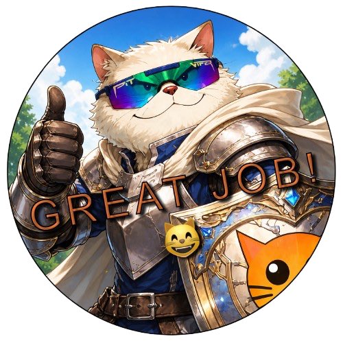 The image features a cat wearing armor, giving off a medieval vibe with its white fur and green sunglasses. The cat is giving a thumbs up sign while standing next to a shield that has the words "Great Job" written on it. This scene seems to be related to a post about Web2 companies acquiring onchain mindshare or the rotation from AI/stocks to onchain markets, as indicated by the caption provided.
