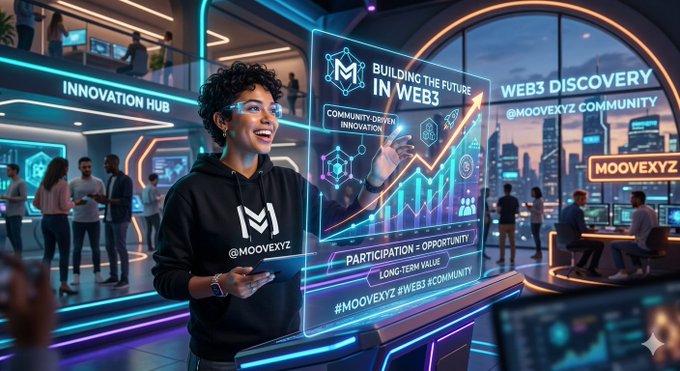 The image features a woman wearing a black hoodie with the word "M" printed on it, standing in front of a large screen displaying information about web3 technology. The background shows an indoor setting with people walking around and various displays throughout the space. The caption for the image reads: "Why @moovexyz Deserves Your Attention in Web3 In a space full of noise, @moovexyz is building something that truly matters—turning participation into opportunity".