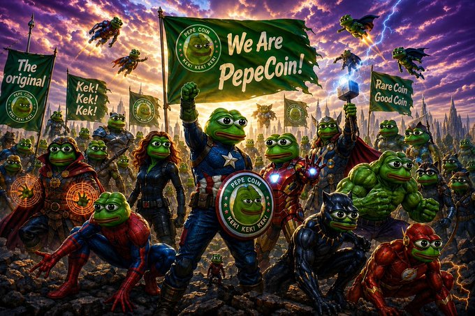 A vibrant, AI-generated image of superhero-style PepeCoin characters with banners reading 'We Are PepeCoin!', 'The Original', 'Kek! Kek! Kek!', and 'Rare Coin Good Coin'.