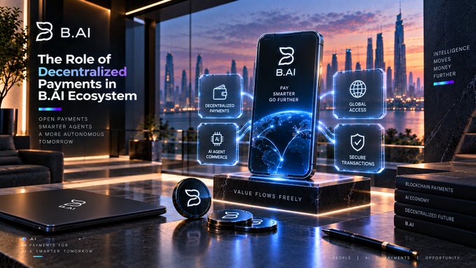 A promotional graphic for 'B.AI' highlighting 'The Role of Decentralized Payments in B.AI Ecosystem' with features including 'Decentralized Payments,' 'Global Access,' 'AI Agent Commerce,' and 'Secure Transactions' displayed around a smartphone.