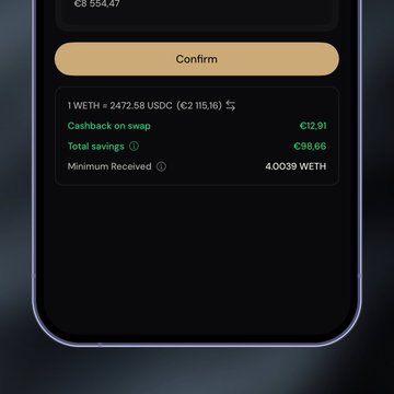 A mobile app interface displays a "Confirm" swap screen showing an exchange of 1 WETH for 2472.58 USDC (€2,115.16), with €12.91 cashback on swap, €98.66 total savings, and a minimum received of 4.0039 WETH. The image illustrates the EtherFi cashback feature on a token swap transaction, visually representing the type of swap activity contributing to EtherFi Cash transaction data referenced in the accompanying post.