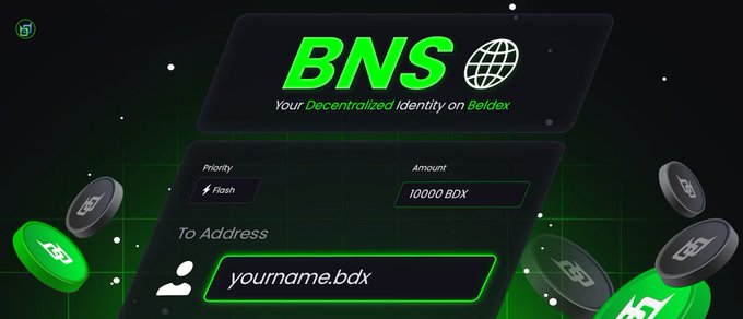 A dark green promotional graphic for 'BNS - Your Decentralized Identity on Beldex' showing an interface with fields for Priority, Amount (10000 BDX), and a 'yourname.bdx' address.