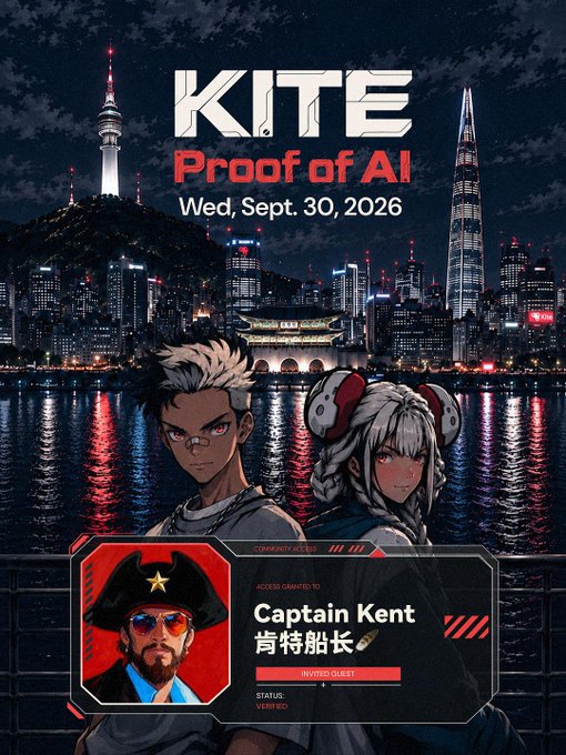 An anime-style promotional poster for 'KITE: Proof of AI' (Wed, Sept. 30, 2026) featuring anime characters, the Seoul skyline at night, and a character profile for 'Captain Kent' marked as 'VERIFIED'.
