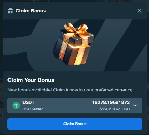 A digital "Claim Bonus" popup window displays a gift box graphic with an offer to claim 19,278.19691872 USDT (approximately $19,258.94 USD). The promotional popup illustrates the "weekly bonus" referenced in the post, which promotes Stake.com's bonus doubling program for users who share proof of their rewards.