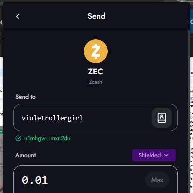A cryptocurrency 'Send' screen shows ZEC being sent to 'violetrollergirl' for 0.01, marked as Shielded.