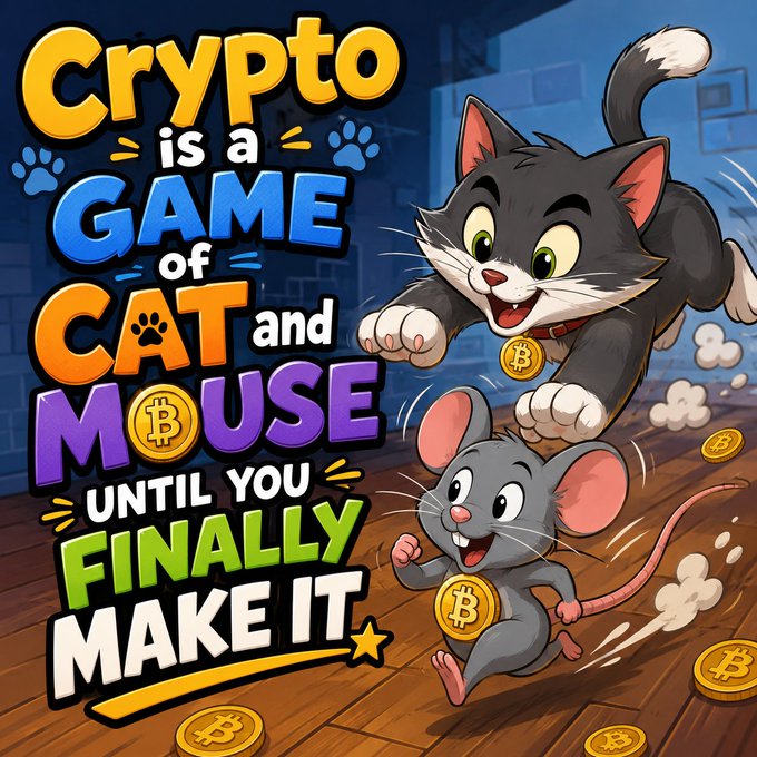 A cartoon cat and mouse engage in a game of Crypt, with the cat leaping over the mouse's head to collect coins while the mouse runs away.