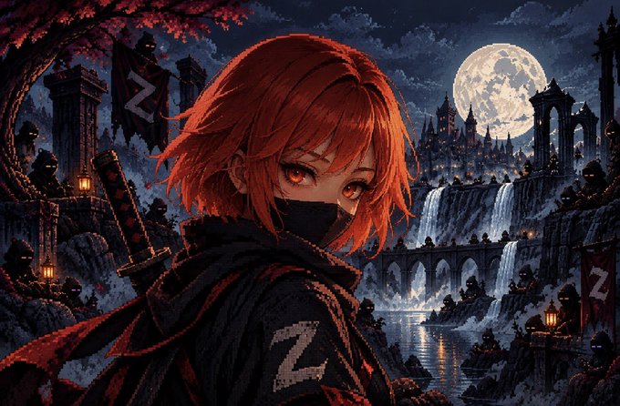 An anime-style illustration of a red-haired ninja character wearing a black mask and dark clothing marked with the letter 'Z', holding a katana against a moonlit castle backdrop with waterfalls and shadowy enemies.