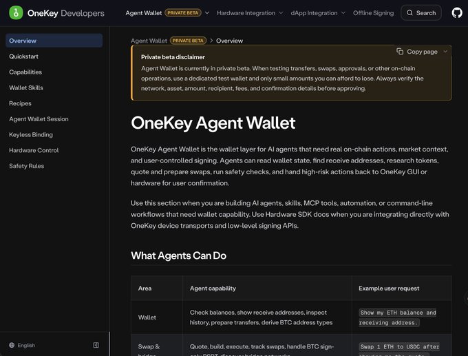 Screenshot of OneKey Developers documentation page showing 'OneKey Agent Wallet' overview with a private beta disclaimer and a table of agent capabilities.
