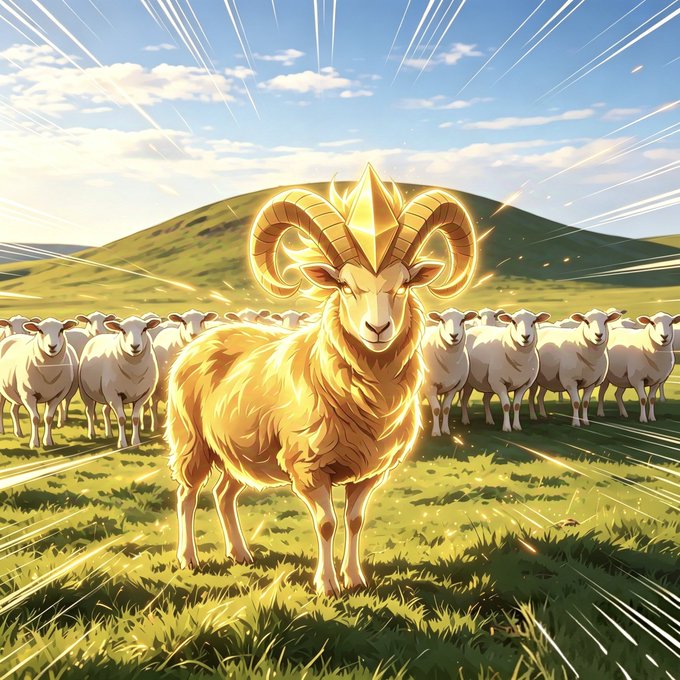 A majestic golden ram with glowing curled horns stands prominently in a sunlit meadow, surrounded by a flock of white sheep, visually symbolizing the "$领头羊" (leading ram) token as the standout performer ("飞这么高") leading the rest of the herd.

The image of the radiant golden ram towering over ordinary white sheep perfectly illustrates the post's metaphor of $领头羊 as the "leading ram" that has surged dramatically, outshining other animal-themed BSC tokens (black bull, yellow/white/CZ bulls, FLork) in a coordinated narrative push to counterattack Solana's memecoin dominance.