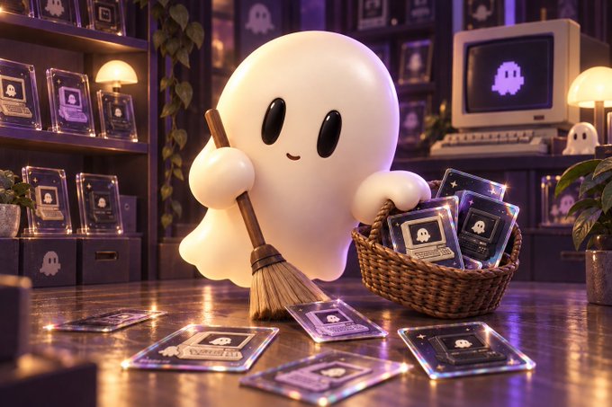 A cute ghost character named OTO sweeps the floor with a broom while carrying a basket of glowing 404 NFT cards, with scattered cards on the floor reflecting the ongoing NFT buyback and sweep activity. The cozy retro gaming setup with vintage computer monitors in the background complements the playful, Halloween-themed illustration celebrating the 404 NFT collection's 1.45 ETH deployed across 14 machine sweeps.